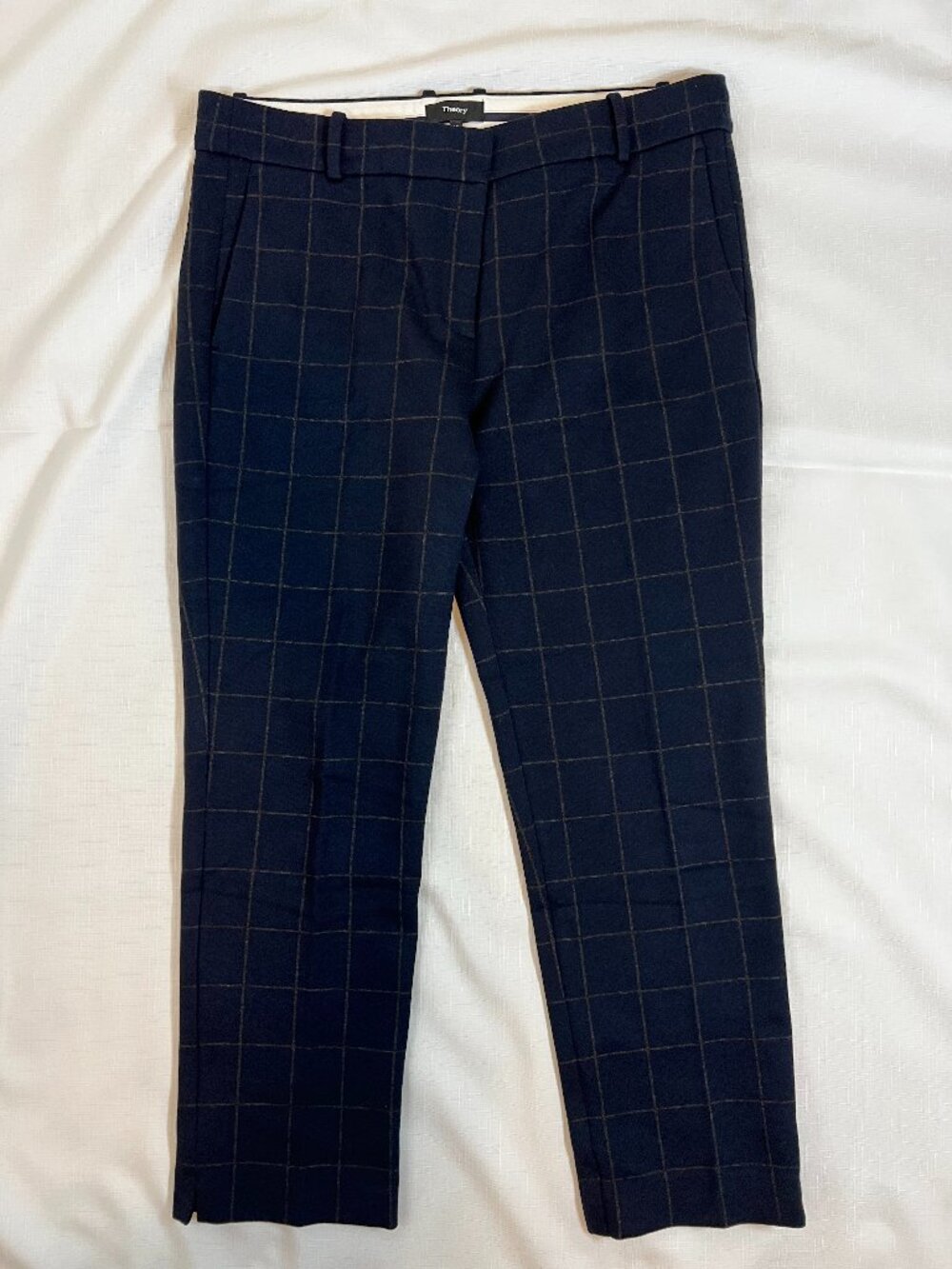 Theory Windowpane Knit Straight Trousers Navy Plaid Office Career Pants Size 10